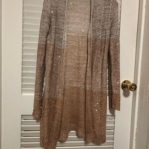 Elegant Sequin Long Cardigan Sweater - Brown and Cream